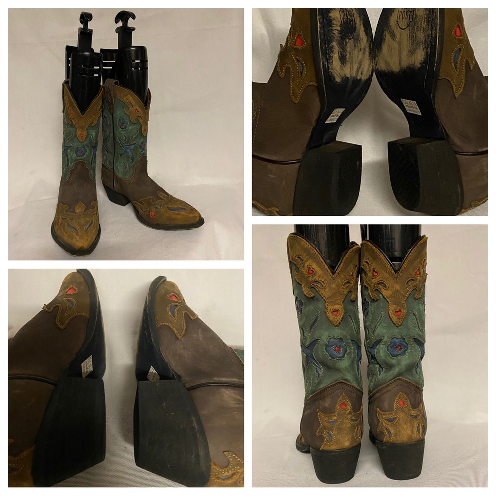 Dan Post Brown and Teal Embroidered Western Heeled Boots. - Picture 2 of 16